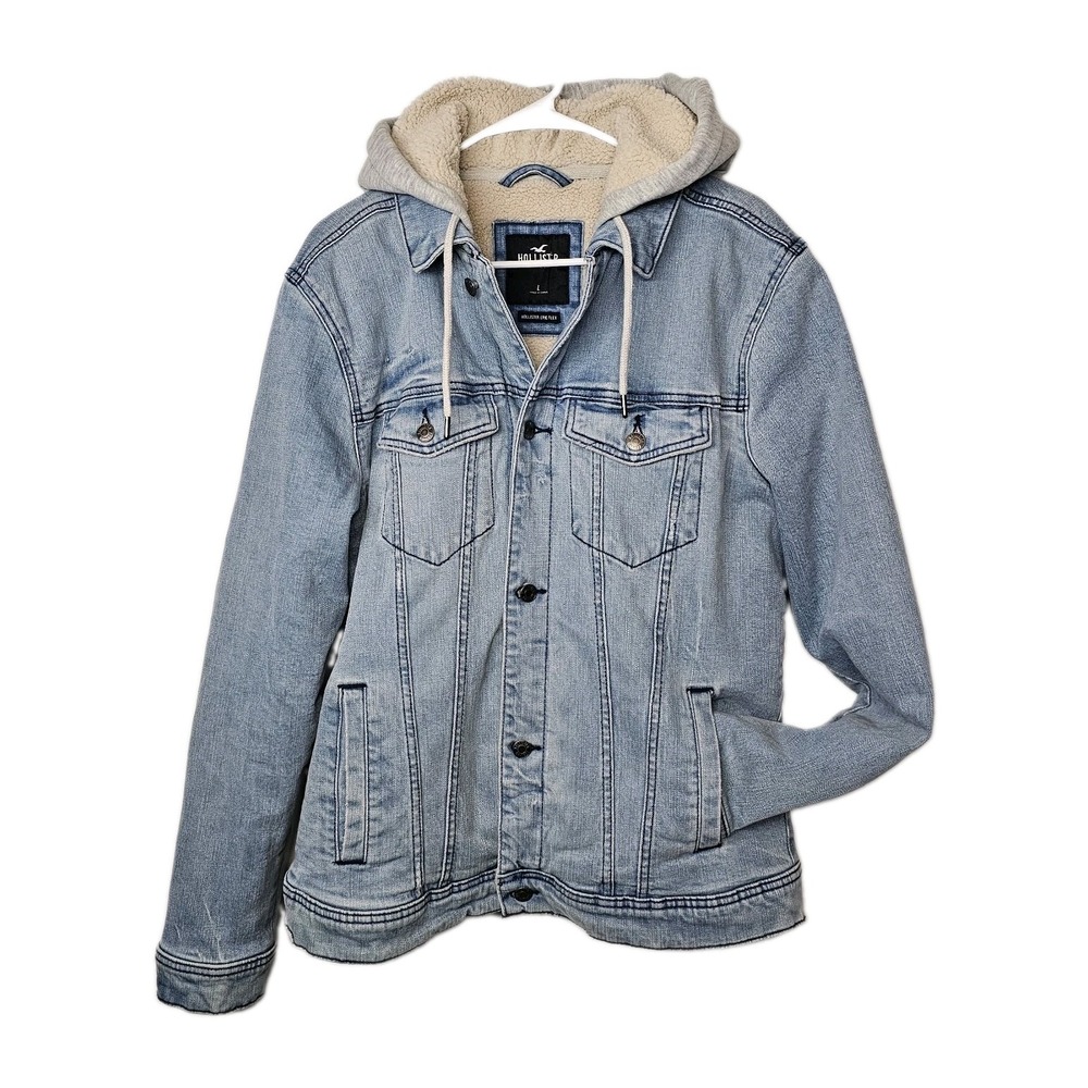 Hollister Men's Sherpa Lined Denim Hooded Jacket Epic Flex Blue Size Large EUC